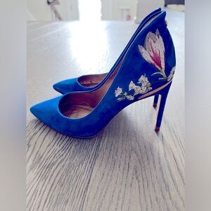 Ted Baker blue suede floral embroidered heels